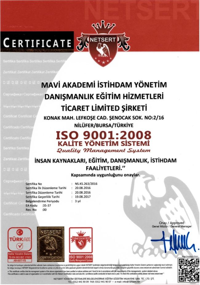 ISO 9001:2008 Kalite Ynetim Sistemi Belgesi